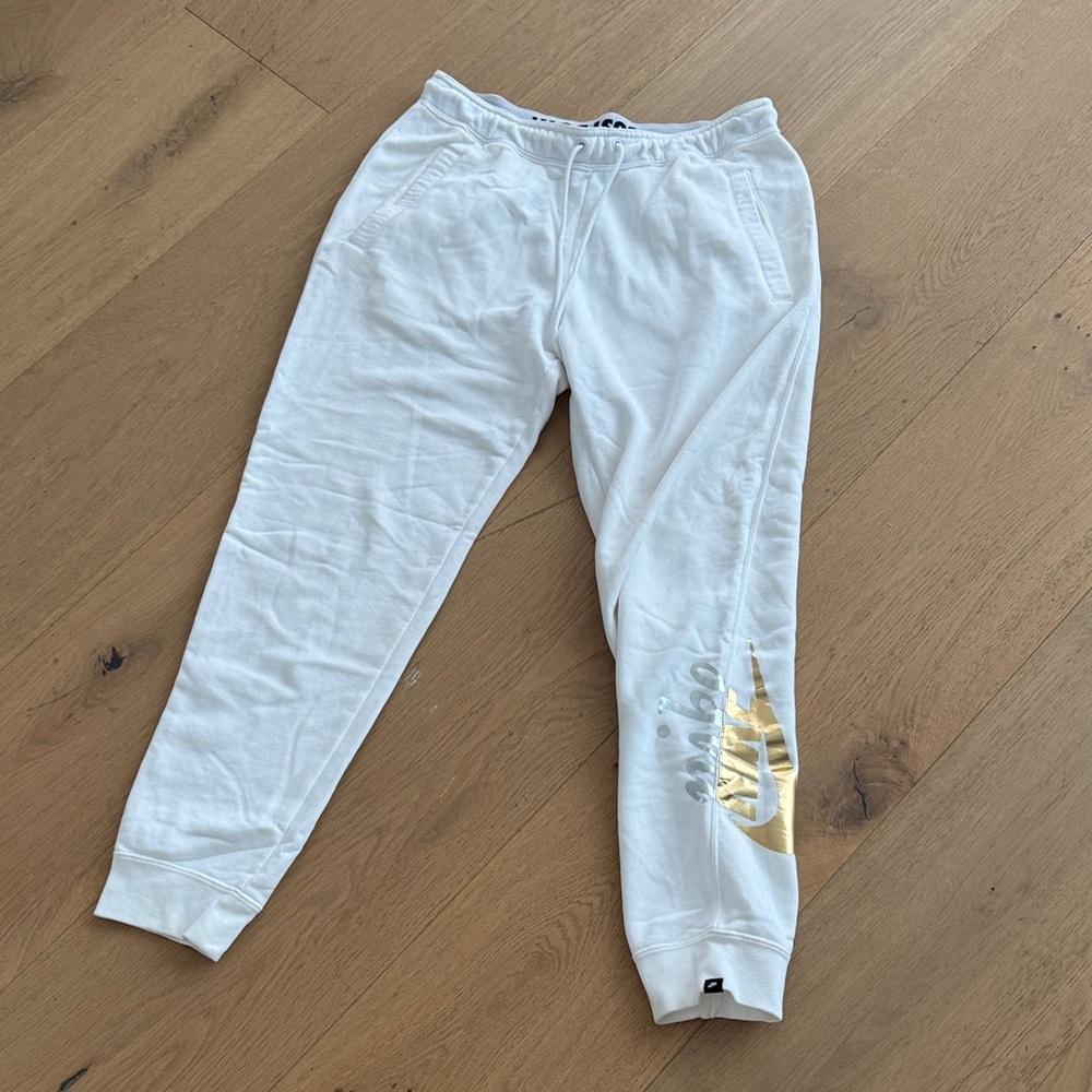 Nike White Sweatpants with Gold Swoosh